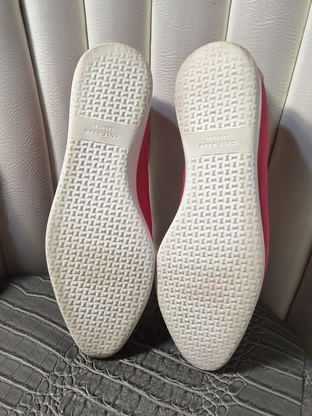 Hot pink Cole Haan Grand Ambition slip-on loafers with glossy patent cap toes. - Picture 5 of 6